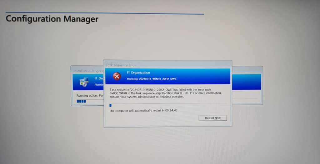 SCCM Task sequence has failed with error code 0x80070490